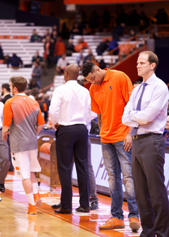 DaJuan Coleman stands on the sideline, prior to SU's game against Boston College. He won't play this season for the Orange. 