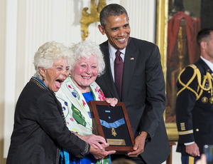 (From Left) Ina Bass and Elsie Shemin-Roth accepted the Medal of Honor on behalf of their late father, Sgt. William Shemin, from President Barack Obama on June 2.