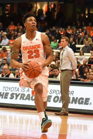 Malachi Richardson advances toward the basket before letting go of a shot in Syracuse's win over Le Moyne in the Carrier Dome.