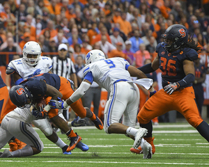 True freshman Chris Elmore (36) is listed as the second-string tight end but functions mainly as Syracuse’s starting fullback.
