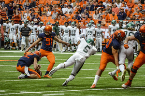 Szmyt takes aim at one of his two field goals against Wagner on Saturday. He converted both of his attempts.