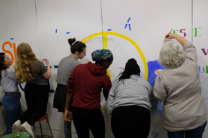 Students and professors gathered at the art facility to add their personal touches to the mural. Contributors began painting in late November, and the mural grew over time.