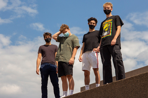 (From left) Ben Dietz, Zack Dacierno, Ray  Leavenworth Bakali and Jackson Velli are Newhouse students making beats and creating business in Watson Hall for their record label Twenty-08 Records.