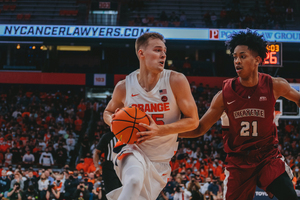 Buddy Boeheim drives to the basket against Lafayette