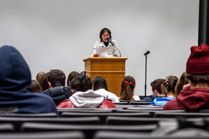 As the second writer of the Raymond Carver Reading Series, Anelise Chen talks to students about her novel, “So Many Olympic Exertions.” She included unpublished writing excerpts from when she was the age of her undergraduate audience.
