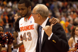 Jim Boeheim talks with James Southerland during SU's win over Canisius Sunday.