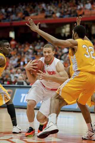 Brandon Triche fights through three Alcorn State defenders on his way to the basket.