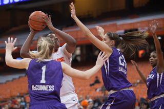 Shakeya Leary works her way around Niagara's defense in the paint. 