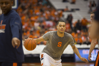 Ennis works up a sweat in warm-ups. He'll be opposed by a stingy defensive backcourt featuring Quinn Cook, Tyler Thornton and Rasheed Sulaimon. 