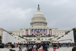 Attendees of the inauguration of Donald Trump leave the Capitol Building as he left for the parade.